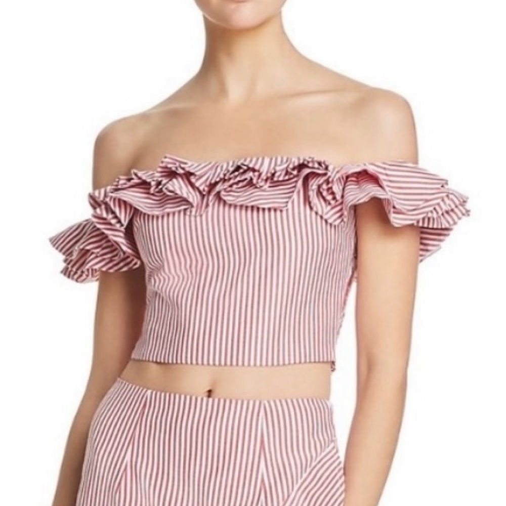 NWT WAYF RUFFLE STRIPED OFF THE SHOULDER RED & WHITE CROP SHIRT SIZE M